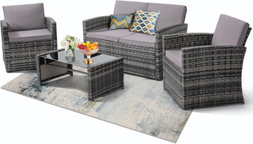 4 Piece Patio Furniture Set, Outdoor Wicker Conversation Set | Washable Cushions, 2 Armchairs + Loveseat Sofa +