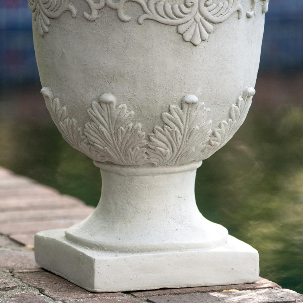 Antique White Urn Planter, Tall Outdoor Flower Pot for Garden and Patio, Classic Pedestal Design, Durable Magnesium