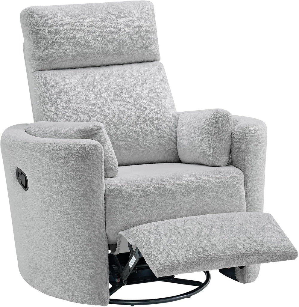 Upholstered Glider Recliner Rocking Chair 360° Swivel r, Plush Gray