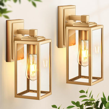 Gold Outdoor Wall Lights, 2 Pack Waterproof Outdoor Porch Lights, Anti-Rust Porch Lights Outdoor, Outdoor Light Fixture for House, Garage, Doorway, Garden, Tempered Glass, E26 Socket