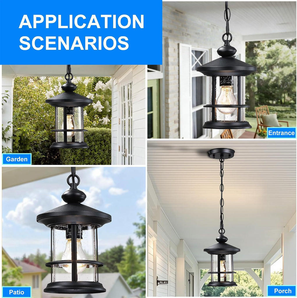 Vintage Hanging Porch Lantern, Matte Black Outdoor Pendant Light with Seeded Glass