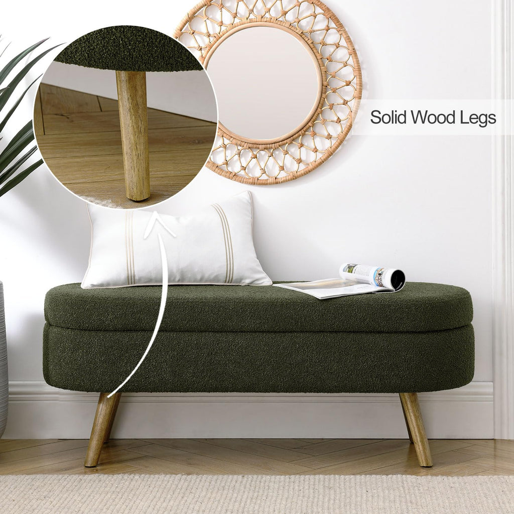 43.5" Fabric Storage Ottoman Bench, Upholstered Boucle Ottoman with Safety Hinge, Entryway Bench with Rubber Wood Legs