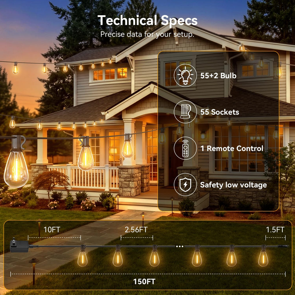 Outdoor String Lights with Remote, Waterproof Patio Lights with 55+2 Shatterproof LED Bulbs, Dimmable Hanging