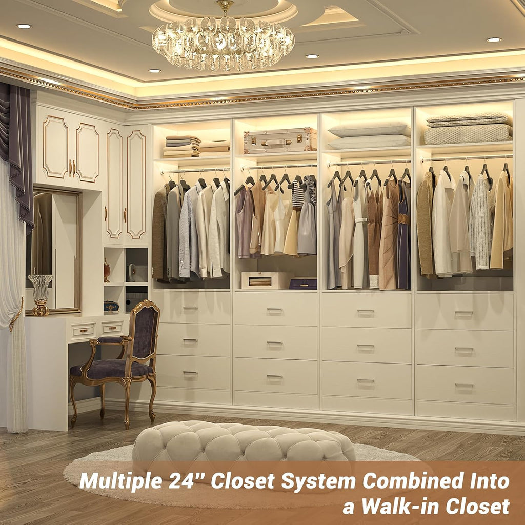 4FT Closet Systems with 6 Wood Drawers, Closet System Set of 2 | 48" Closet Organizer System with 2 Hanging Rods & 2