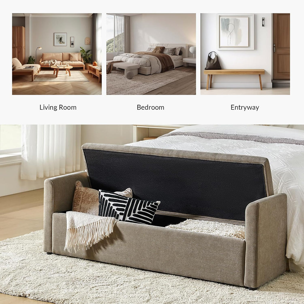 59" Storage Bench with 2 Throw Pillows & Armrests, Brown | Modern Long Bedroom Bench for End of Bed, Comfy