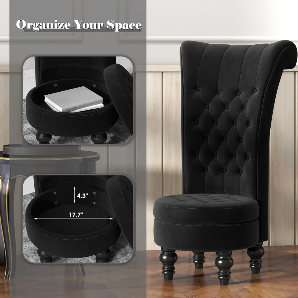MU High Back Throne Royal Velvet Accent Armless Chair with Storage, Black