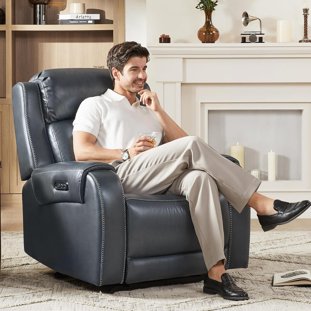Genuine Leather Power Recliner Chair for Adults, Electric Wall Hugger Recliner with Adjustable Power Headrest &