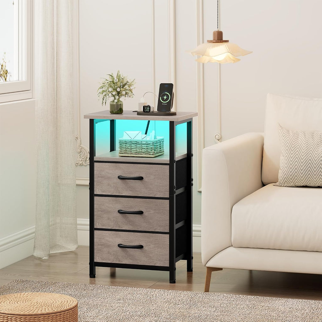 Night Stand Set 2 with Charging Station, LED Nightstand , Bedside Table with 3 Fabric Drawers, End Table Side Table