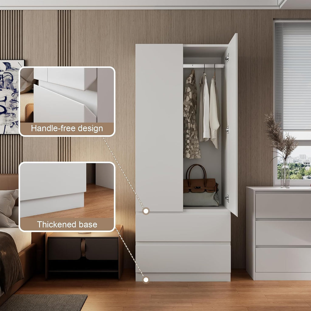 White Armoire Wardrobe Closet with Large Capacity, 78.74" Tall Bedroom Armoire, Wooden Wardrobe Cabinet with 2