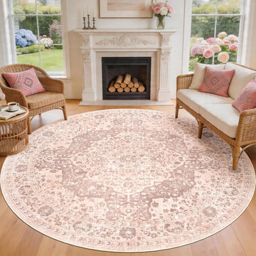 Boho 8ft Vintage Washable Round Area Rug, Soft Non-Slip Large Round Indoor Rug, Thin Distressed Oriental Carpet
