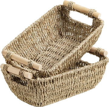 Small Baskets for Shelf, Seagrass Woven Basket with Wooden Handles for Gifts, 2-Pack