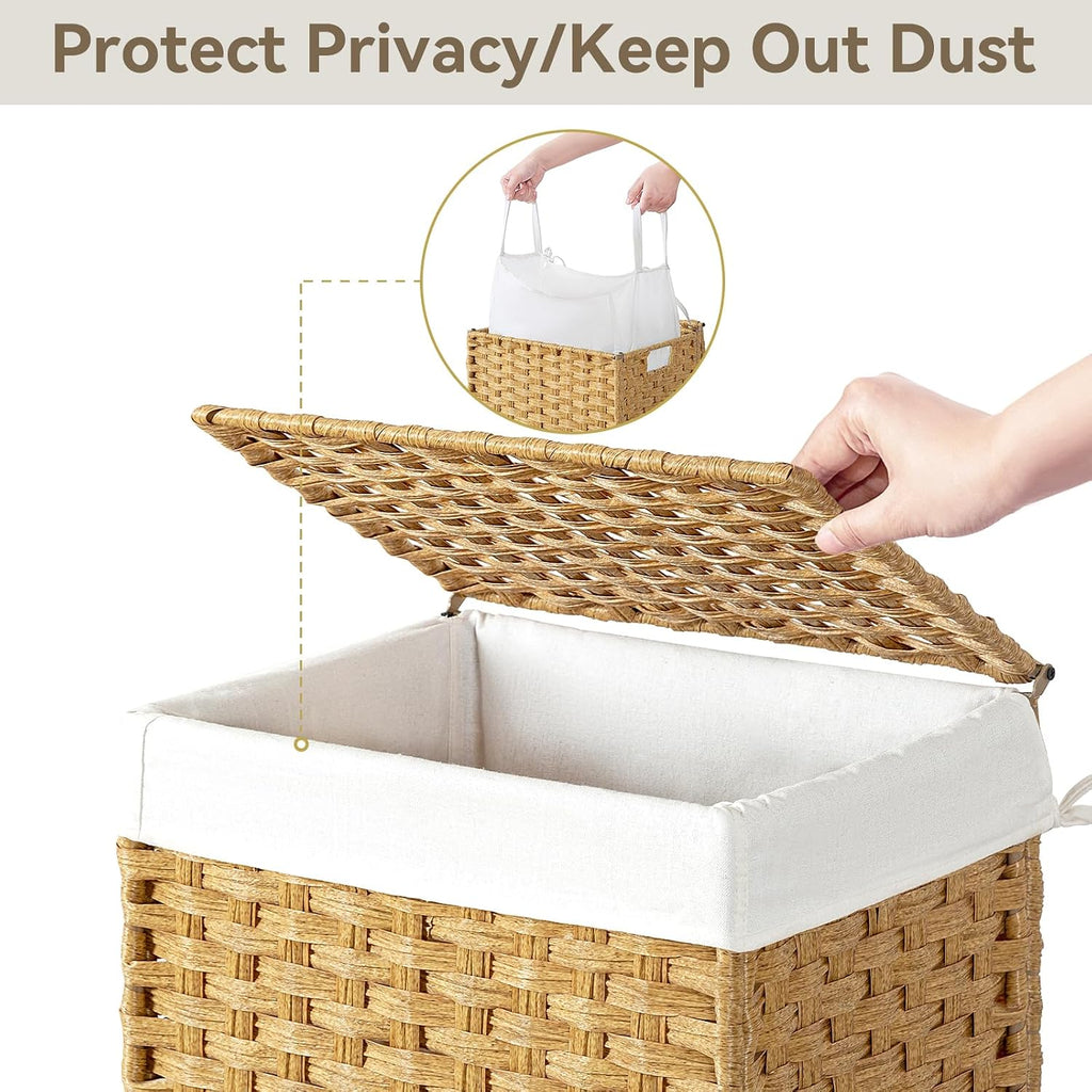 Wicker Laundry Basket with Wheels,Rolling Laundry Hamper with Lid | 90L Slim Clothes Hamper with Wheels & Removable