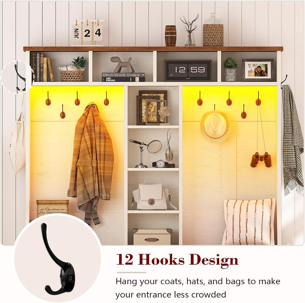 Hall Tree with Bench and Shoe Storage, Farmhouse Entryway Bench with Coat Racks and Led Lights, Large Hall Tree with