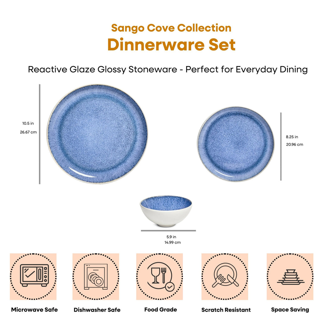12-Piece Stoneware Dinnerware Set for 4, Light Blue Reactive Glaze on White Plates and Bowls Sets, Kitchen Ceramic