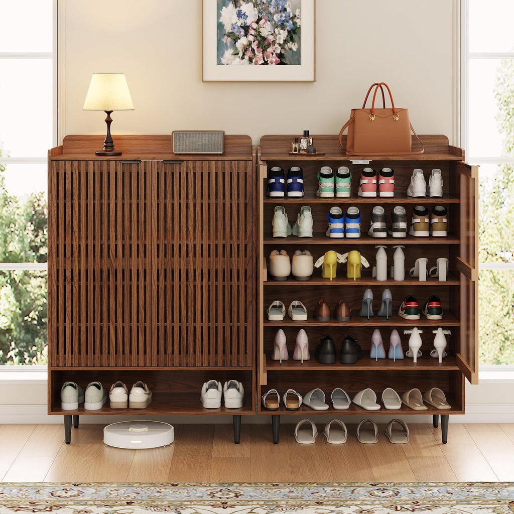 Shoe Cabinet with 2 Doors , 21 Pairs Wooden Shoe Storage Cabinet with Adjustable Shelves, Farmhouse Hidden Shoe