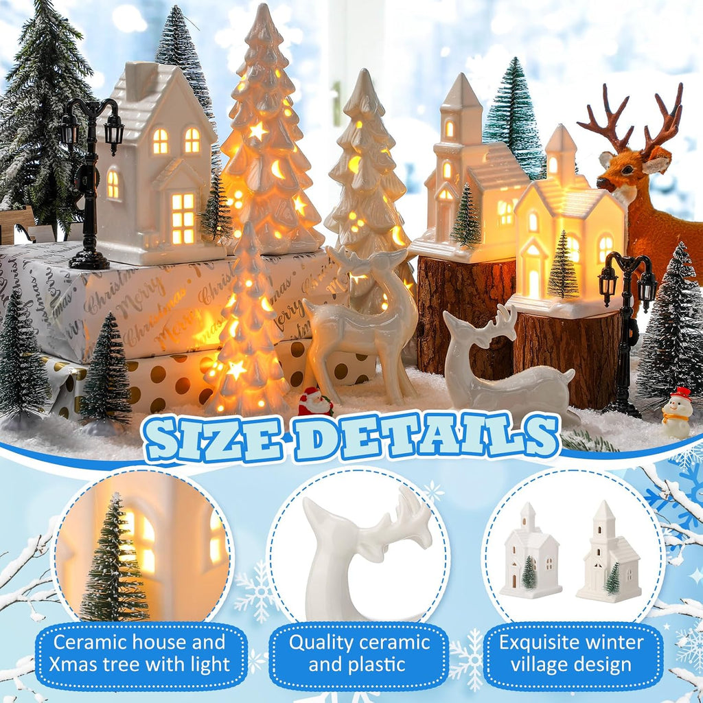 14 Pcs LED Christmas Village Houses Set Ceramic White with Trees