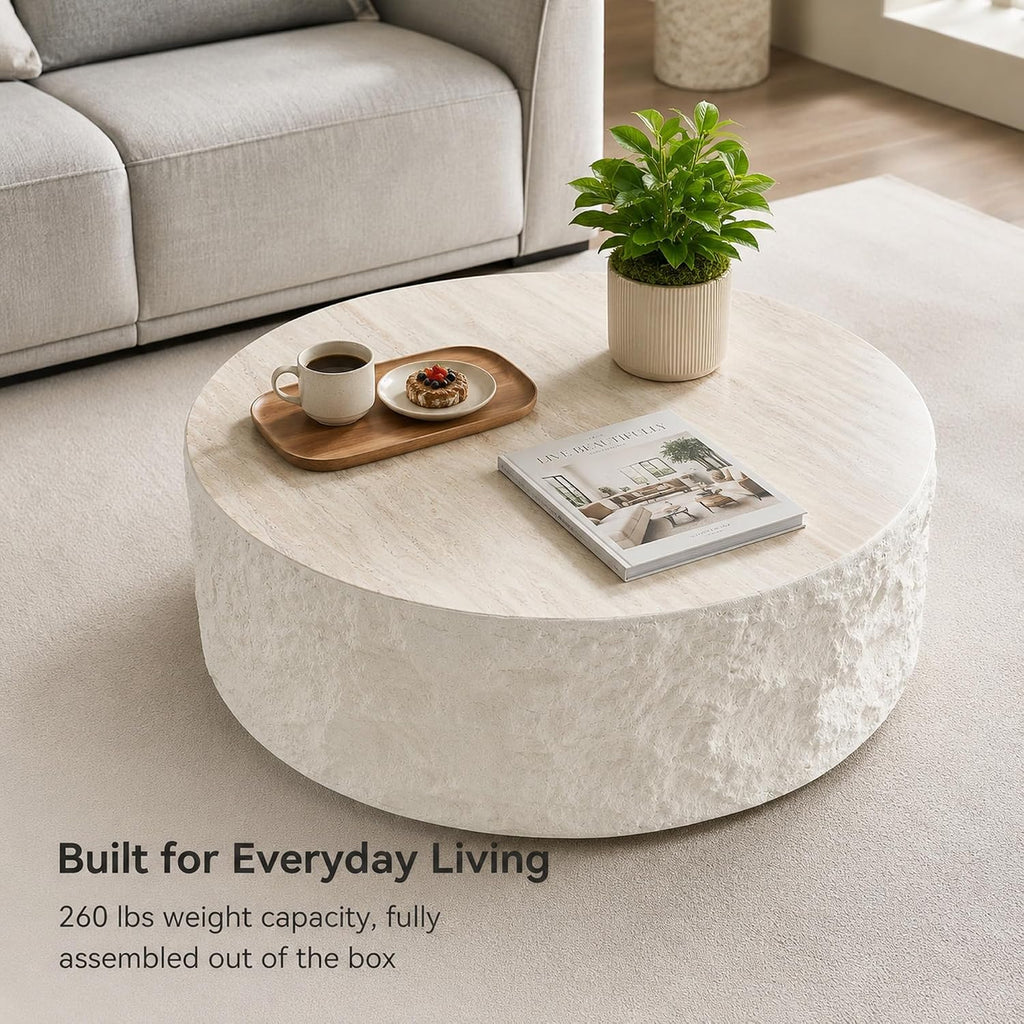 35.43" Round Coffee Table for Living Room, Modern Faux Marble Travertine Coffee Table, Sculptural Fiberglass Drum Cent