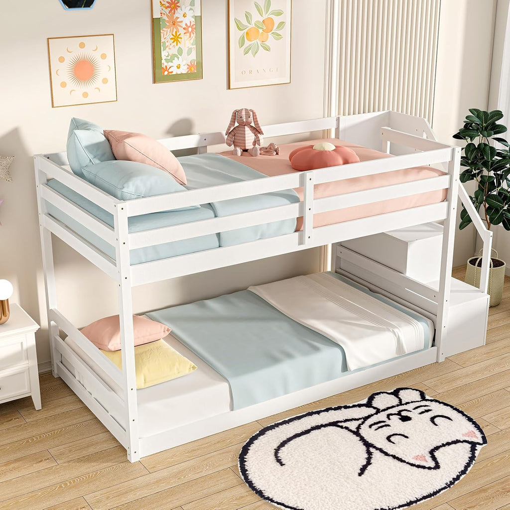 Twin Over Twin Bunk Bed with Stairs, Solid Wood Floor Bunk Bed with Storage Staircase & Full-Length Guardrails