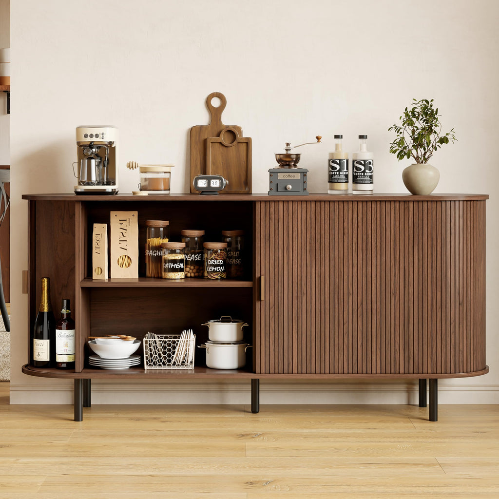 63" Fluted Buffet Sideboard Cabinet with Sliding Door, Walnut