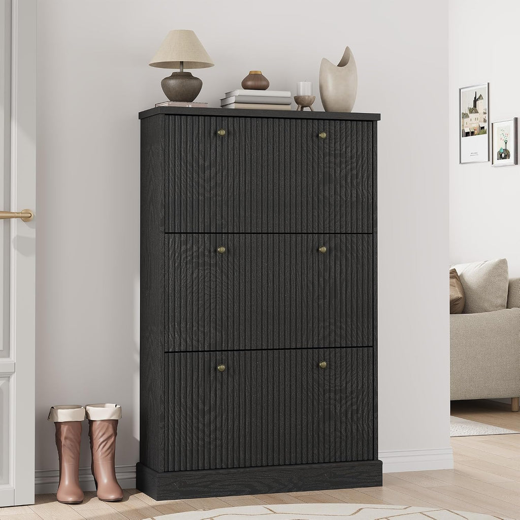 Fluted Shoe Cabinet Storage with 3 Flip Drawers, Wooden Fluted Narrow Shoe Organizer with Adjustable and Removable
