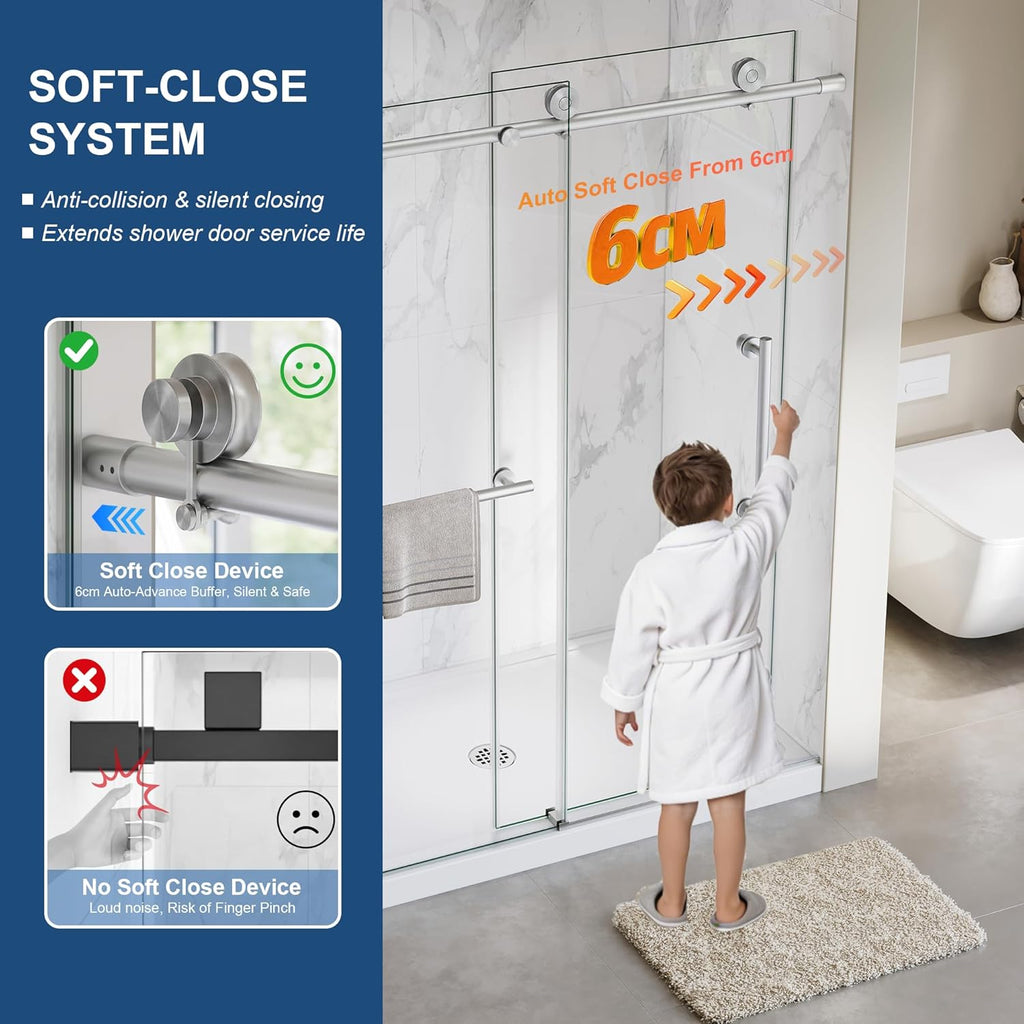 Frameless Shower Door, 5/16" (8mm) Glass Sliding Shower Door with Soft-Close & Anti-Leak