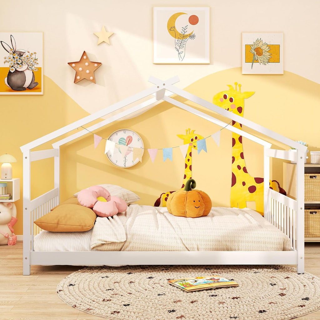 Full Size Floor Bed, Solid Wood Montessori House Bed with Roof, Headboard and Footboard, Low Full Bed Frame for Kids