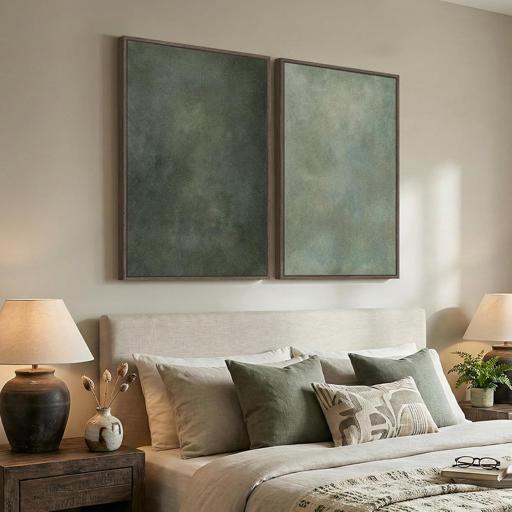 Large Framed Green Abstract Wall Art, 2 Piece Modern Canvas Art Prints Paintings, Minimalist Sage Green Abstract