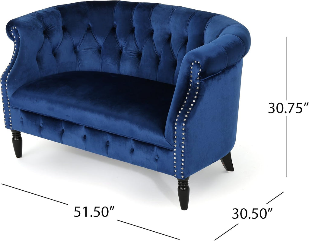 Milani Tufted Scroll Arm Velvet Loveseat, Navy Blue / Dark Brown