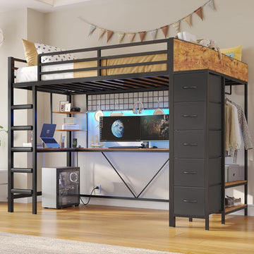 Loft Bed Twin with Hall Tree, Charging Station and LED Lights, Metal Loft Bed with L-Shaped Desk, 5 Storage Drawers