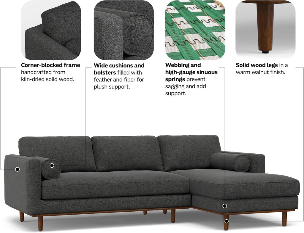 Morrison Right Sectional Sofa in Woven-Blend Recycled Polyester Fabric, Charcoal Grey, 102-inches Wide, L-Shaped