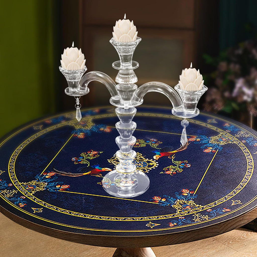 3 Arm Crystal Candelabra Centerpieces for Tables, Crystal Glass Taper Candle Holder Candelabra with Chandelier Chains