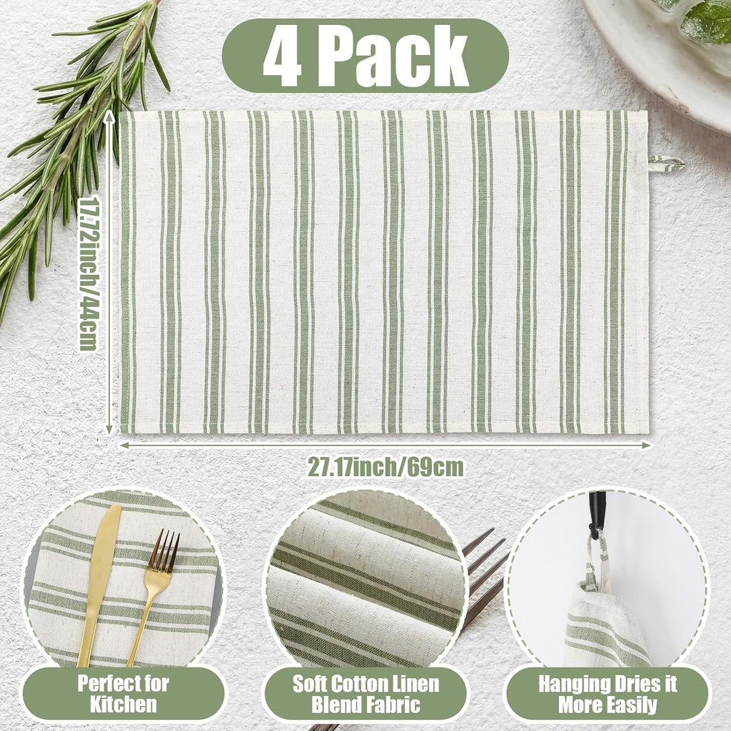 4 Pack Rustic Cotton Linen Kitchen Towels 27.2 x 17.3 inch Natural Farmhouse Sage Green Stripe Dishcloths Absorbent