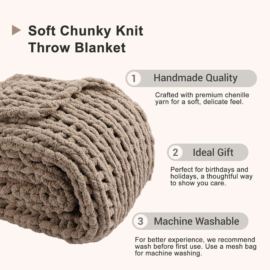 Beige Chunky Knit Throw Blanket, Soft and Thick Taupe Chenille Throw Blanket, 50"x60" Handmade Cable Knit Crochet