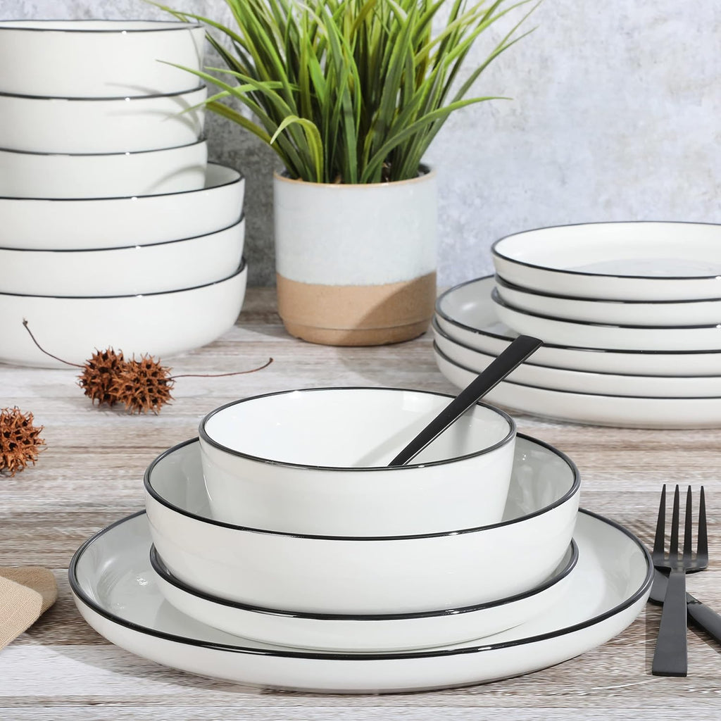 Oslo 16-Piece Porcelain Dinnerware Set, Service for 4 - White Plates with Black Rim, Microwave & Dishwasher Safe