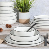 Oslo 16-Piece Porcelain Dinnerware Set, Service for 4 - White Plates with Black Rim, Microwave & Dishwasher Safe