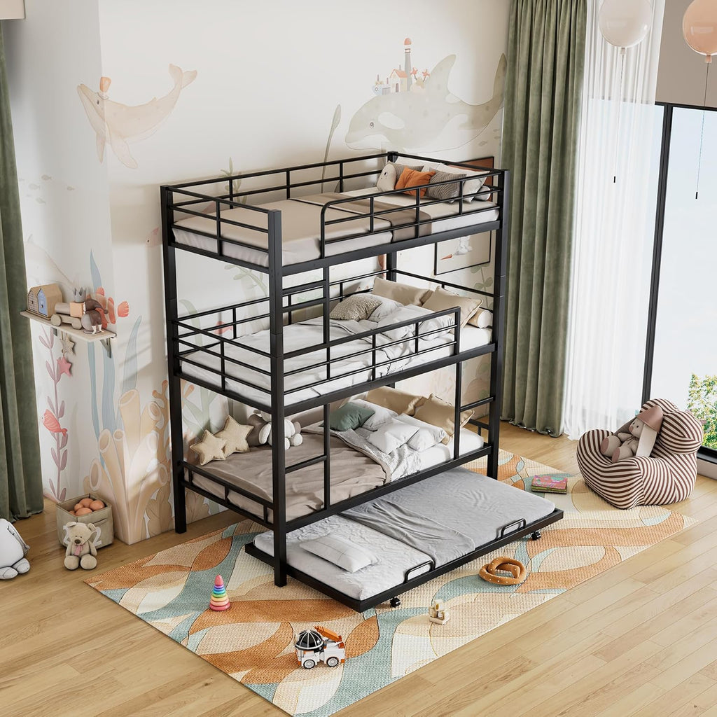 Triple Bunk Bed with Trundle Guardrail & Ladder Twin Metal, No Box Spring Needed, Easy Assemble