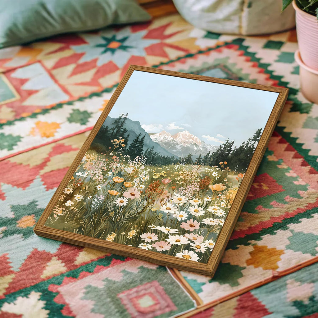Framed Boho Landscape Wall Art, Colorful Floral Mountain Pictures Wall Decor, Vintage Wildflower Nature Paintings