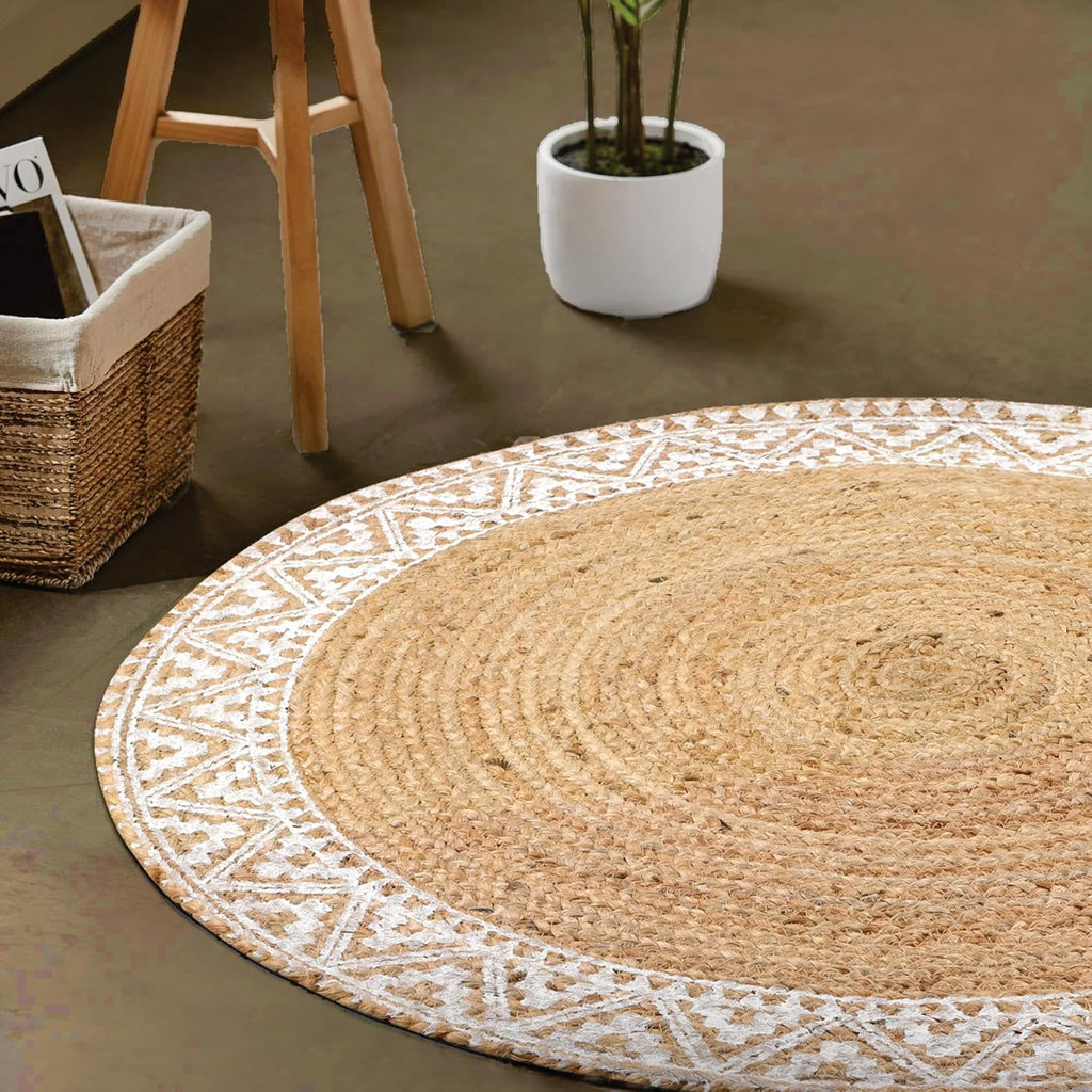 Premium Natural Jute Braided Area Rug, 6-feet Round, White Printed Border, Stain Resistance, Natural