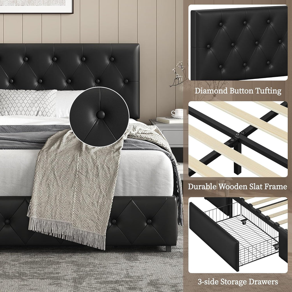 Queen Bed Frame Upholstered Bed Frame with Adjustable Diamond Button-Tufted Headboard/3 Drawers Storage