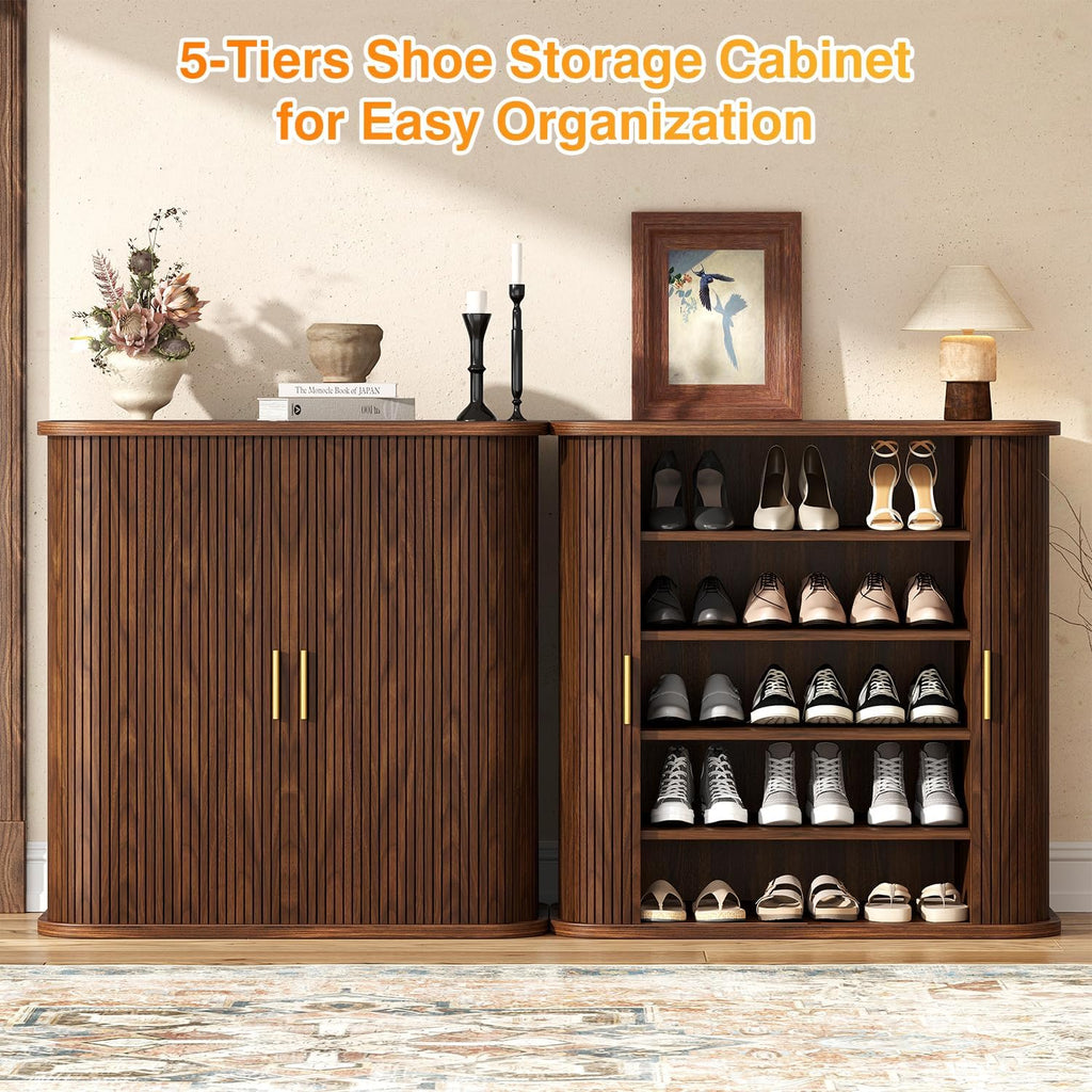 5-Tier Sliding Door Shoe Cabinet, Adjustable Shelves Wooden Shoe Storage with Gold Handle, Mid-Century Modern