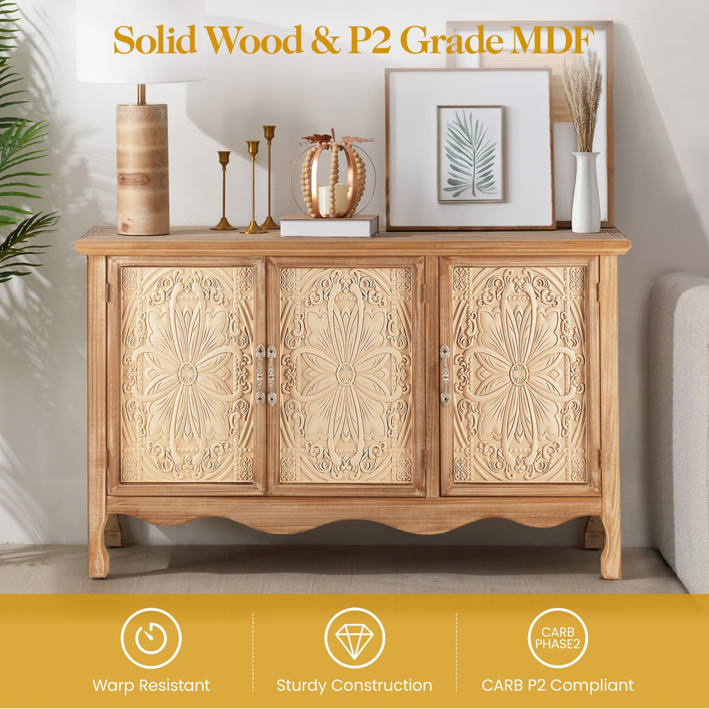 Sideboard Buffet Cabinet with Storage, Natural Solid Wood