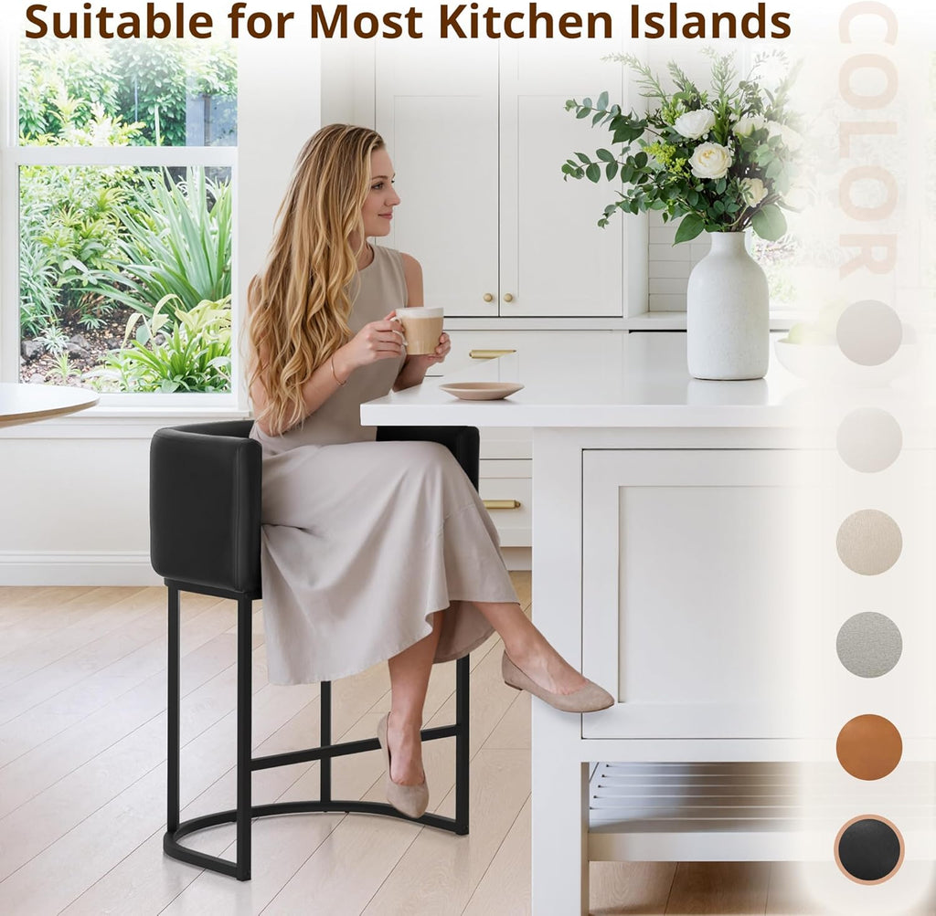 Counter Height Bar Stools Set of 4, Modern Barrel Counter Stools with Backrest and Arms, Black Metal Frames, Faux