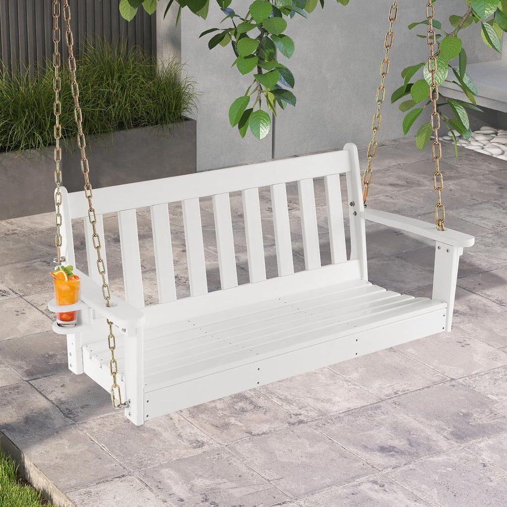 2 Person Hanging Porch Swing, Outdoor Bench Swing with Adjustable Chains, Hidden Cup Holder, HDPE Tree Swing Chair