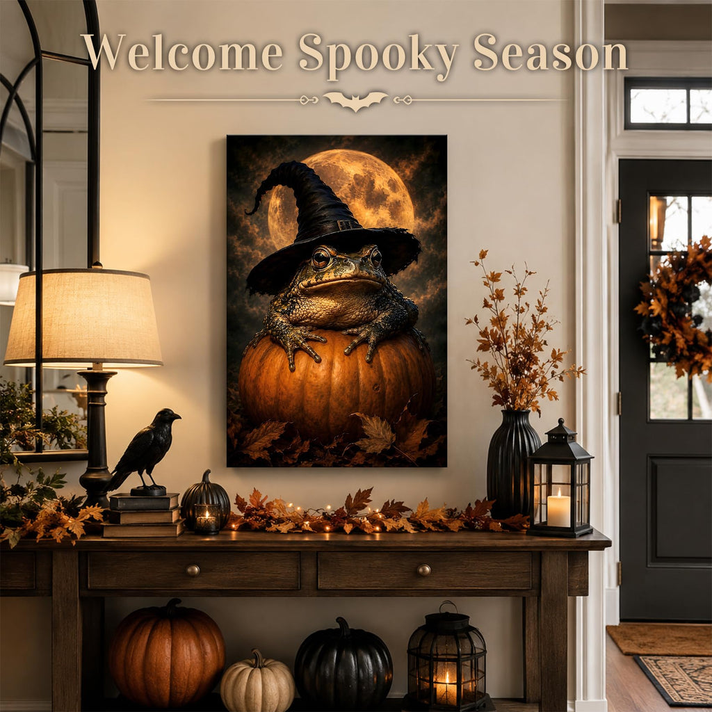 Halloween Frog Witch Canvas Wall Art, Frog on Pumpkin Under Full Moon, Funny Spooky Animal Halloween Decor, Gothic