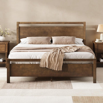 Queen Solid Wood Bed Frame with Headboard, Minimalist Platform Bed with Wooden Slats Support/No Box Spring