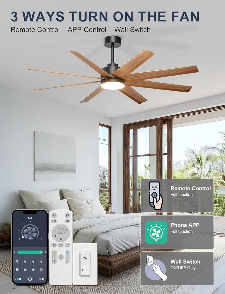 60'' Ceiling Fan with Light - 8 Blades Modern Farmhouse Ceiling Fan Remote/APP Control, Dimmable