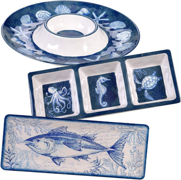Oceanic 3-Piece Melamine Hostess Set - Includes Chip & Dip Server, 3-Section Relish Tray, and Rectangular Fish