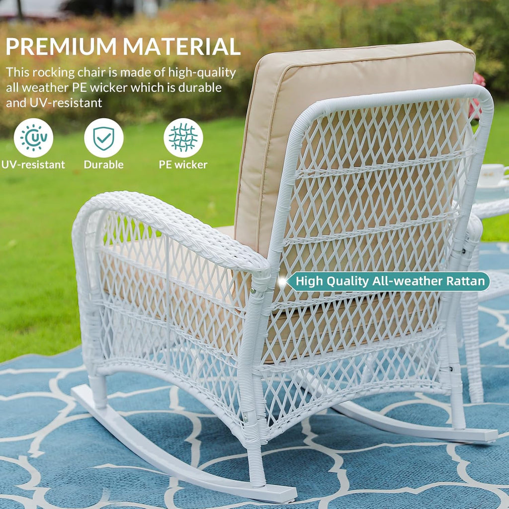 Outdoor Wicker Rocking Chair, Rattan Patio Rocker Chairs with Cushions and High Back, All-Weather Patio Wicker Chair