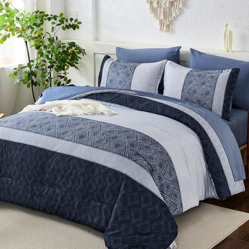 Blue Comforter Set,Striped Boho Bed in a Bag 7 Pieces Soft Fall Bedding Comforters Microfiber Mineral