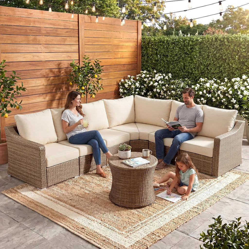 Luxury Outdoor Rattan L-Shaped Sofa, 6-Seat All-Weather Patio Sectional Furniture Set, Modular Half Round Wicker